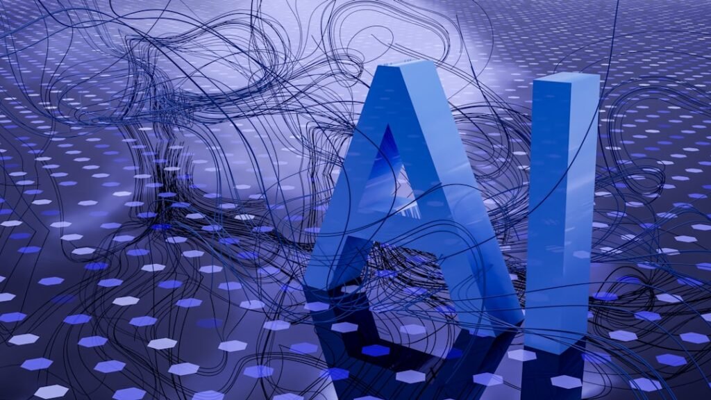 Futuristic AI visualization showing adaptive algorithms with 3D letters and digital patterns
